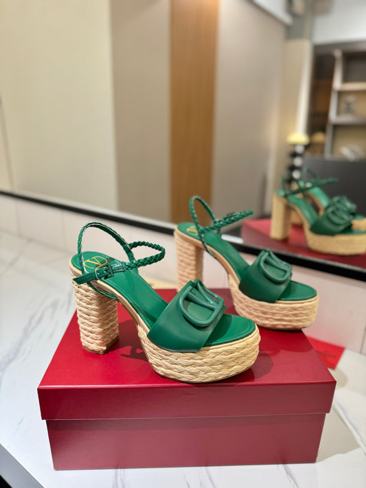 VLTN ESPADRILLE WEDGE SANDALS 25S 115 MM IN DARK GREEN LAMBSKIN