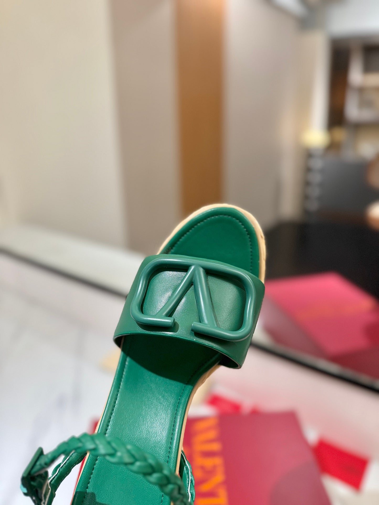 VLTN ESPADRILLE WEDGE SANDALS 25S 115 MM IN DARK GREEN LAMBSKIN