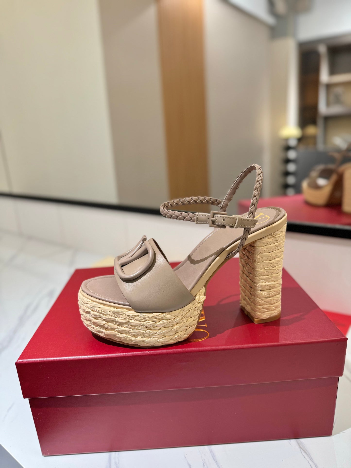 VLTN ESPADRILLE WEDGE SANDALS 25S 115 MM IN BEIGE BROWN LAMBSKIN