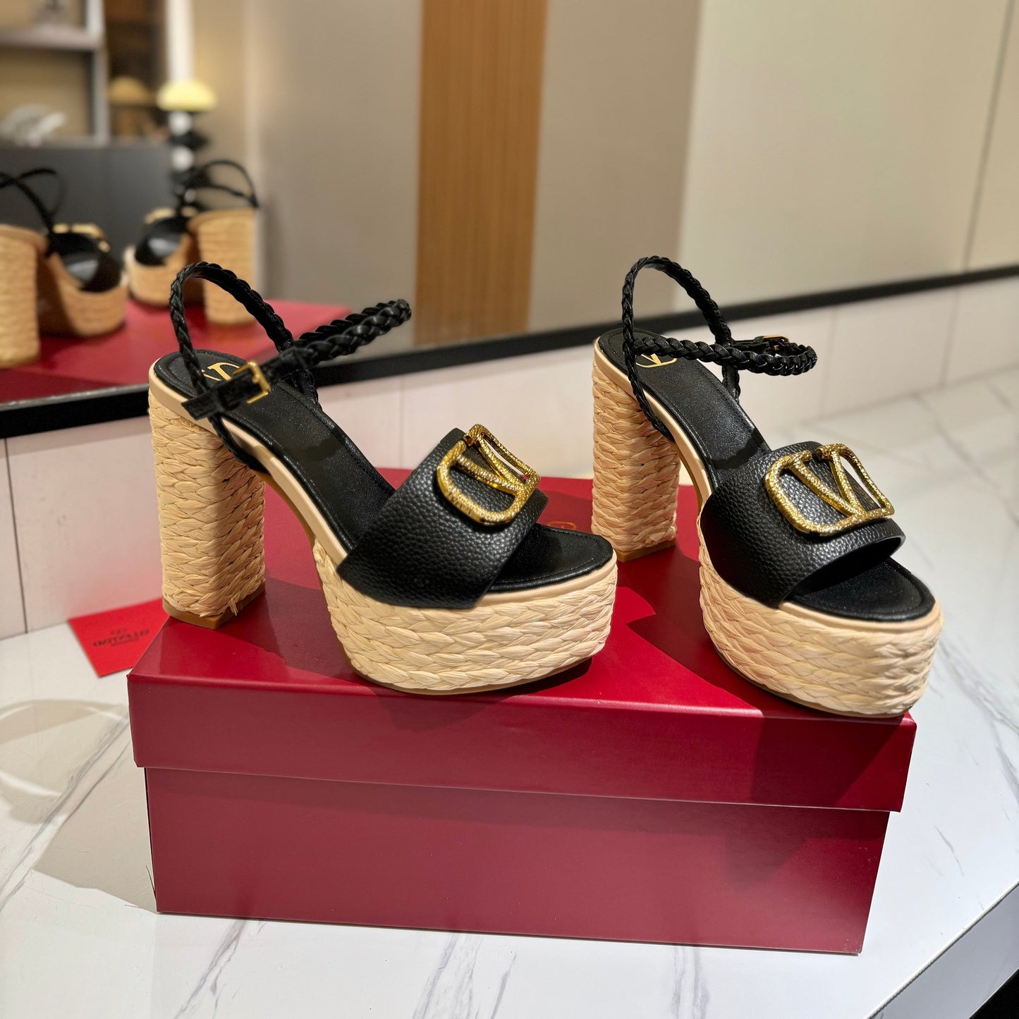 VLTN ESPADRILLE WEDGE SANDALS 25S 115 MM IN BLACK LAMBSKIN WITH GOLD HARDWARE