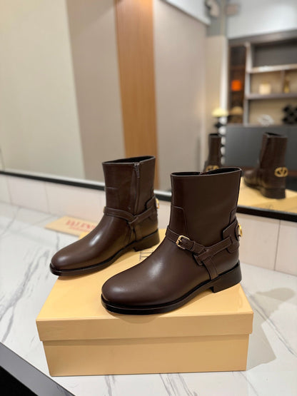 VALENTINO 25S PATTIE ANKLE BOOTS IN DARK BROWN CALFSKIN WITH GOLD HARDWARE