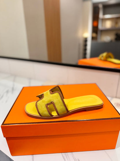HM 26S ORAN SANDALS IN YELLOW SUEDE WITH TAN BOWN BRAIDED TRIM