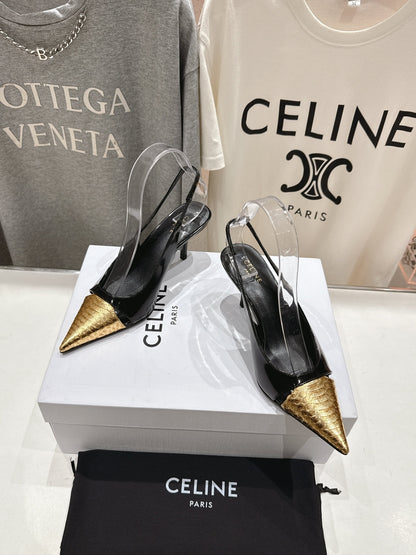 JUDY CAP TOE SLINGBACK 65MM IN BLACK SHINY CALFSKIN AND GOLD SNAKE EMBOSSED LEATHER