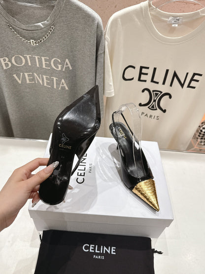 JUDY CAP TOE SLINGBACK 65MM IN BLACK SHINY CALFSKIN AND GOLD SNAKE EMBOSSED LEATHER