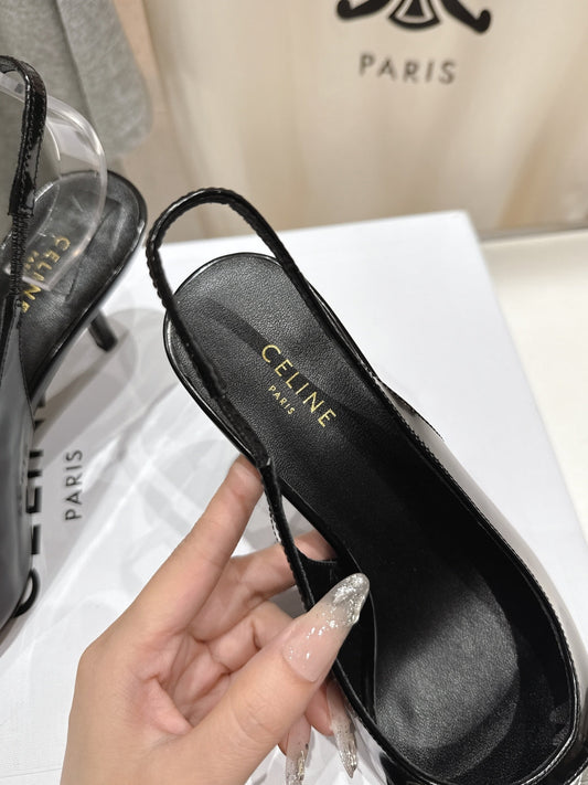 JUDY CAP TOE SLINGBACK 65MM IN BLACK SHINY CALFSKIN AND SILVER SNAKE EMBOSSED LEATHER