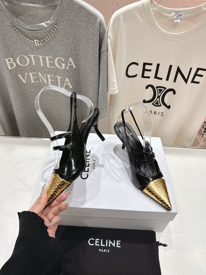 JUDY DOUBLE STRAP MARY JANE SLINGBACK 65MM IN BLACK SHINY CALFSKIN AND GOLD SNAKE EMBOSSED LEATHER