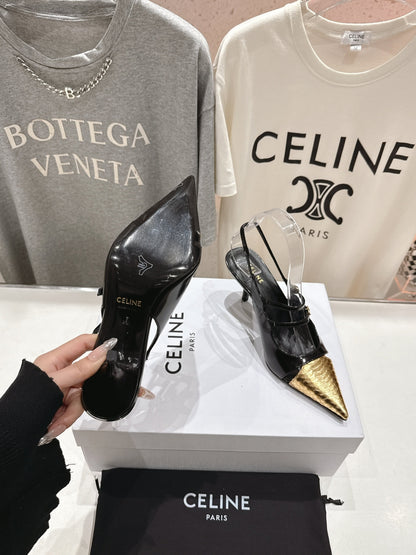 JUDY DOUBLE STRAP MARY JANE SLINGBACK 65MM IN BLACK SHINY CALFSKIN AND GOLD SNAKE EMBOSSED LEATHER