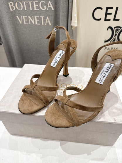 JIMMY CHOO 26S HIGH-HEELED SANDALS 100 MM IN BROWN SUEDE