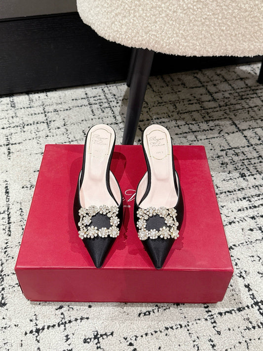 ROGER VIVIER 25S EFFLORESCENCE MULES 65MM IN BLACK SATIN EMBELLISHED CRYSTALS