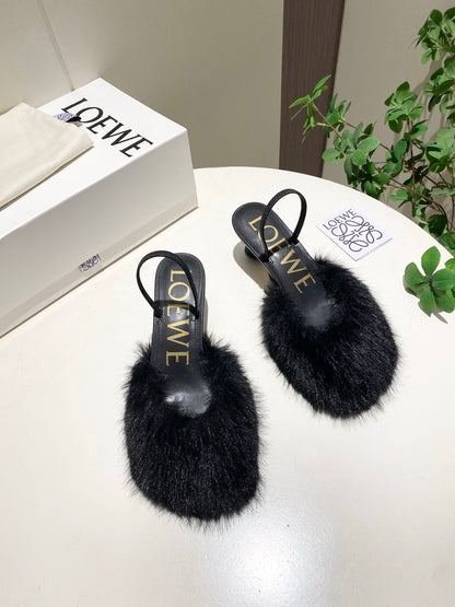 LOEWE 26S OPEN-BACK HIGH HEELS 60MM IN BLACK CALFSKIN WITH FUR