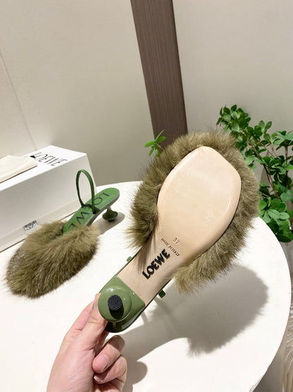 LOEWE 26S OPEN-BACK HIGH HEELS 60MM IN GREEN CALFSKIN WITH FUR