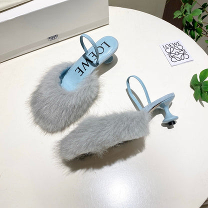LOEWE 26S OPEN-BACK HIGH HEELS 60MM IN LIGHT BLUE CALFSKIN WITH FUR