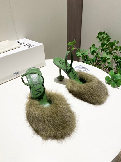 LOEWE 26S OPEN-BACK HIGH HEELS 100MM IN GREEN CALFSKIN WITH FUR