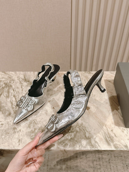 BALENCIAGA 25S HIGH SLINGBACK 45 MM IN SILVER LAMBSKIN WITH SILVER HARDWARE