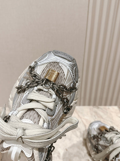 BALENCIAGA 25S 3XL SNEAKERS CHAIN-PADLOCK IN BEIGE MESH FABRIC AND SILVER PU