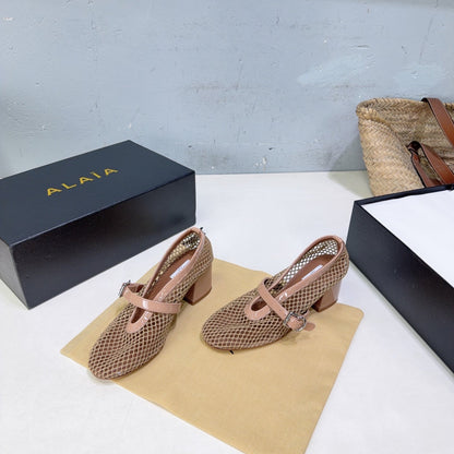 ALAIA 26S HIGH-HEEL MARY JANES 50 MM IN NUDE WOVEN MESH