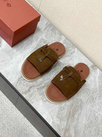 LP 26S LOCK CHARM SLIDES IN DARK BROWN SUEDE SILVER HARDWARE
