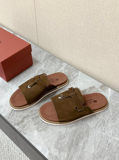 LP 26S LOCK CHARM SLIDES IN DARK BROWN SUEDE SILVER HARDWARE