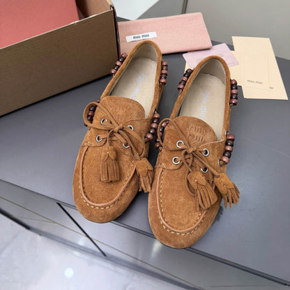 MIUMIU 26S TASSEL LOAFERS IN CARAMEL BROWN SUEDE BEADED TRIM
