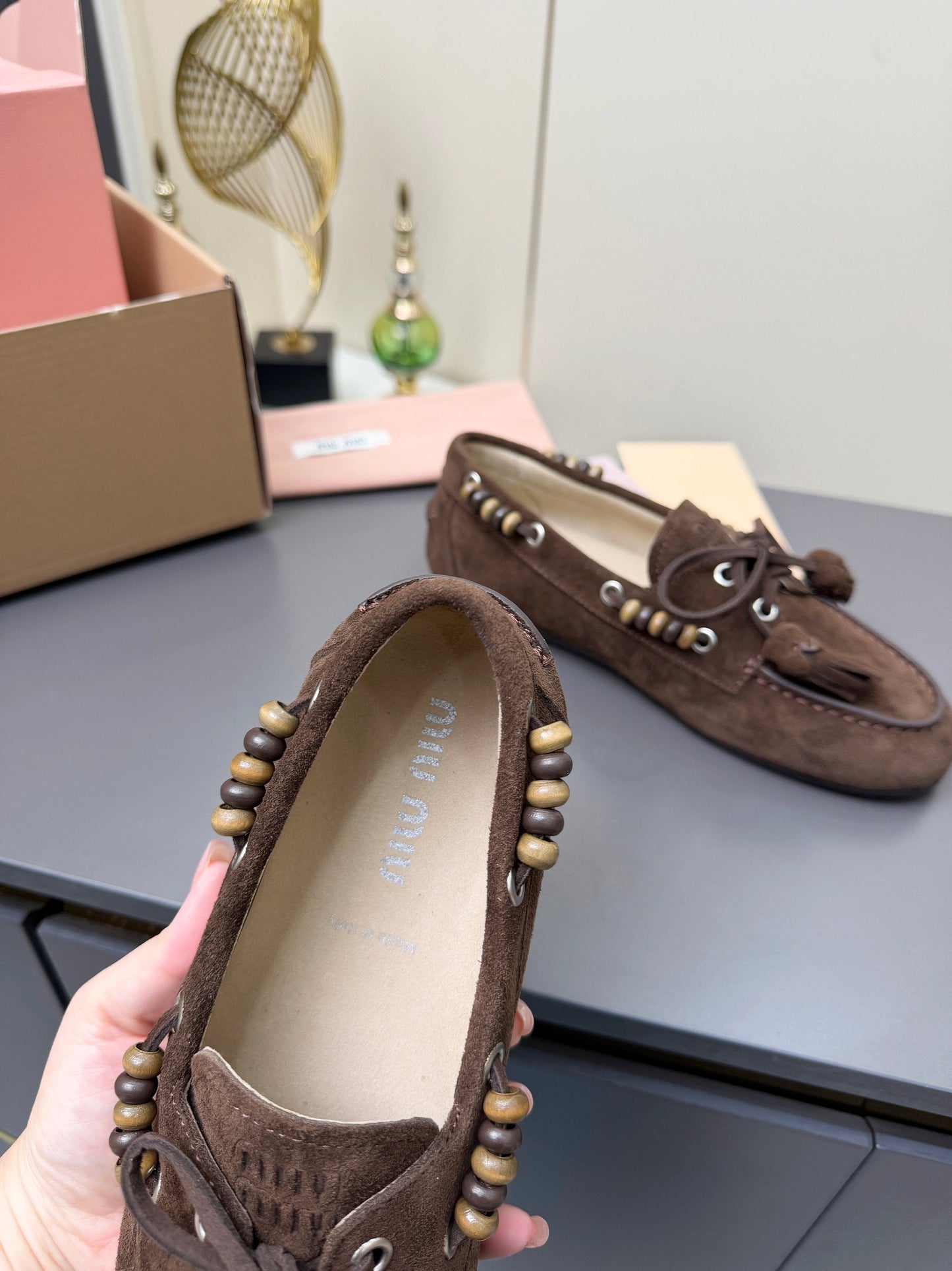 MIUMIU 26S TASSEL LOAFERS IN DARK BROWN SUEDE BEADED TRIM