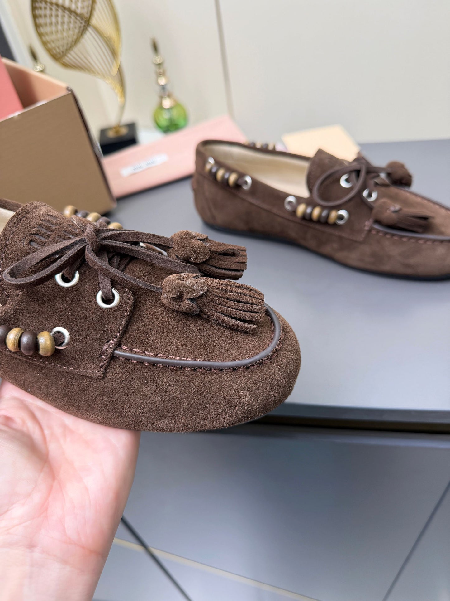 MIUMIU 26S TASSEL LOAFERS IN DARK BROWN SUEDE BEADED TRIM