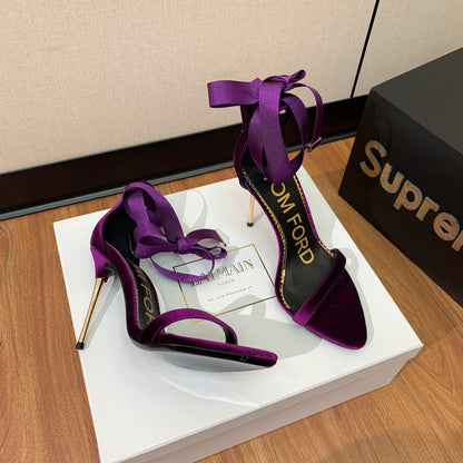 ANKLE SANDAL 10 CM IN PLUM PURPLE VELVET AND SILK