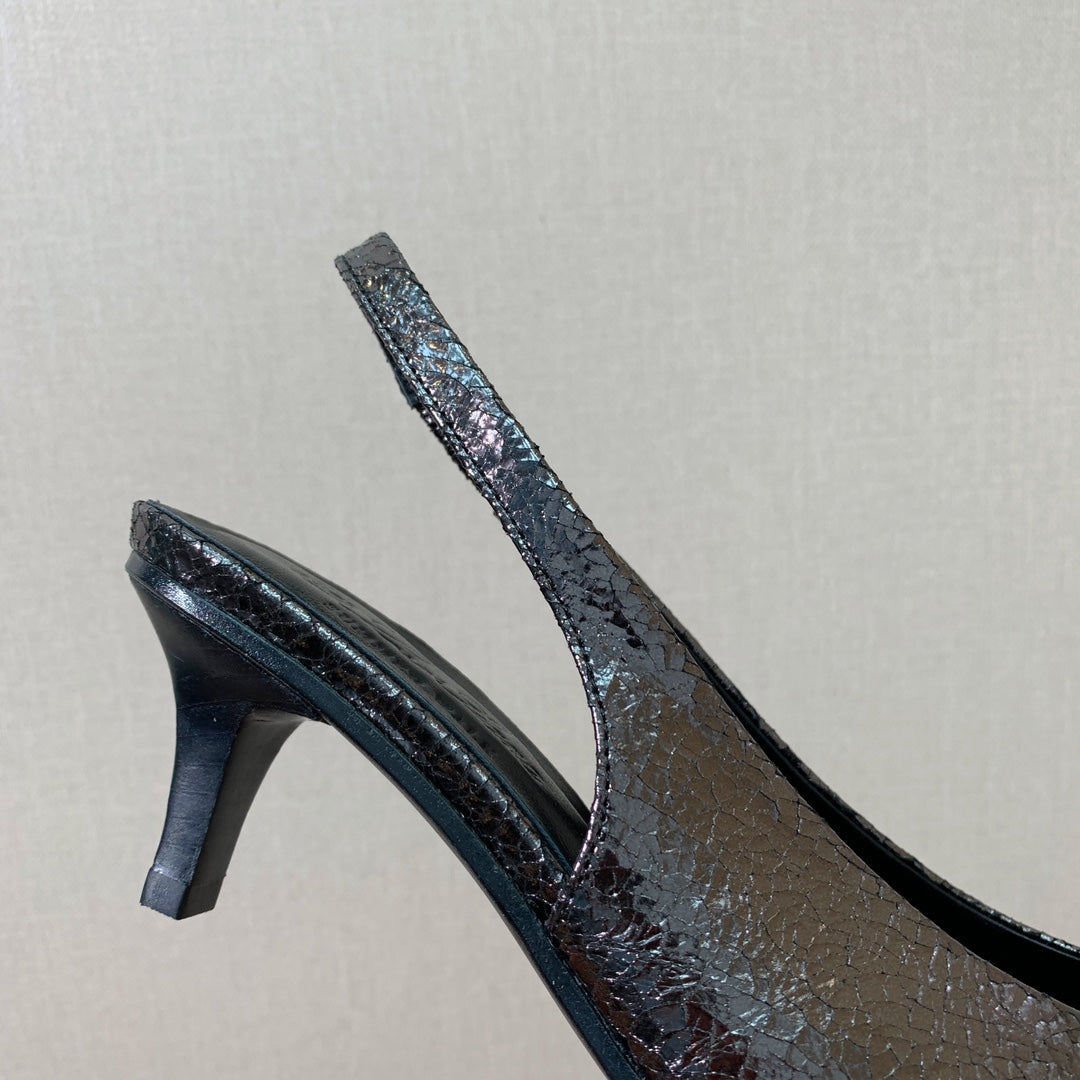LP POINTED TOE MID-HEEL SLINGBACK DARK BROWN CALFSKIN