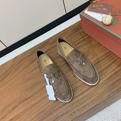 SUMMER WALK LOAFERS BROWN SUEDE SILVER PADLOCK CHARM
