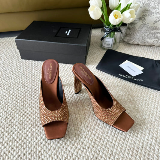 SL SEPT MULES SIENNA SATIN AND RHINESTONES