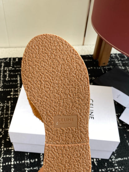 CELINE 26S TRIOMPHE FLAT SLIDES IN BROWN WOOL