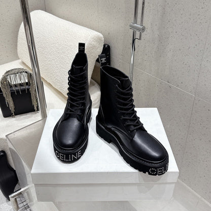 CELINE 26S CHUNKY-SOLE COMBAT BOOTS IN BLACK CALFSKIN
