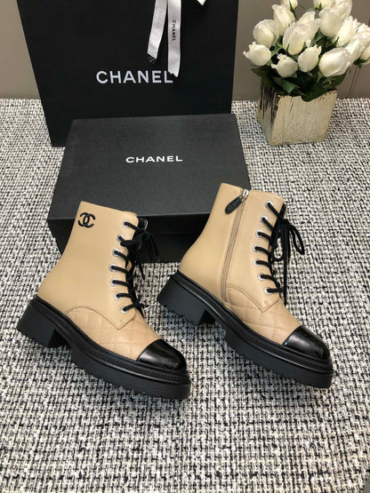 SHORT BOOTS  BEIGE CREAM MIX BLACK SUEDE LAMBSKIN