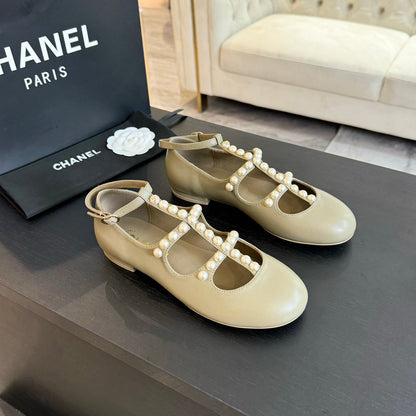 MARY JANES SHOES ECRU BEIGE GOATSKIN WITH FAUX PEARL