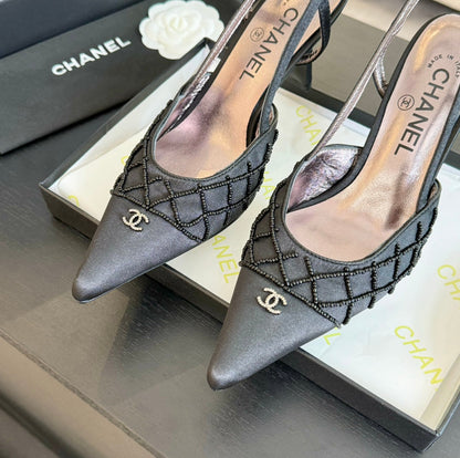 POINTED SLINGBACK MID HEELS BLACK LAMBSKIN