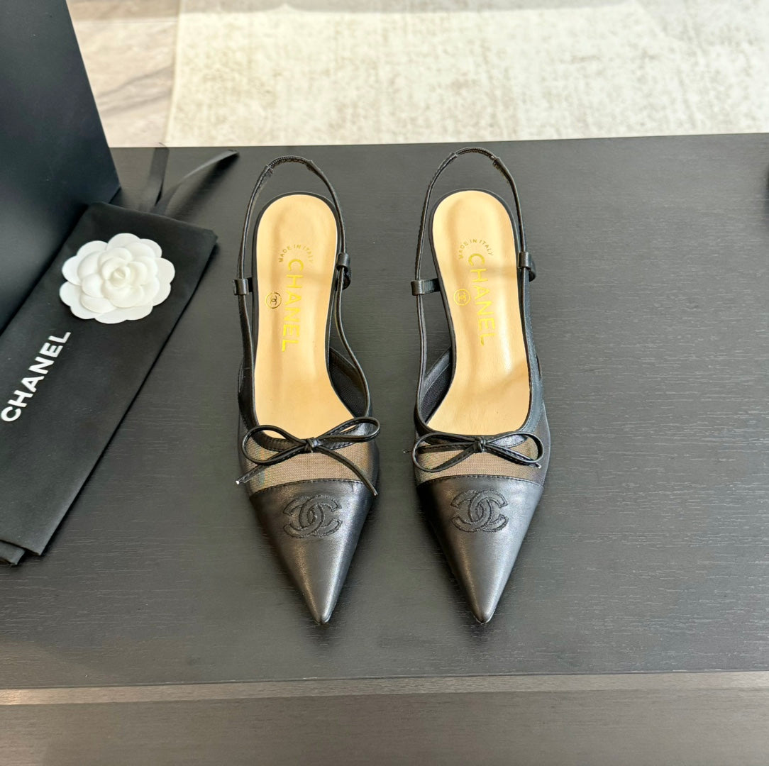 MESH LOGO SLINGBACKS IN BLACK LAMBSKIN