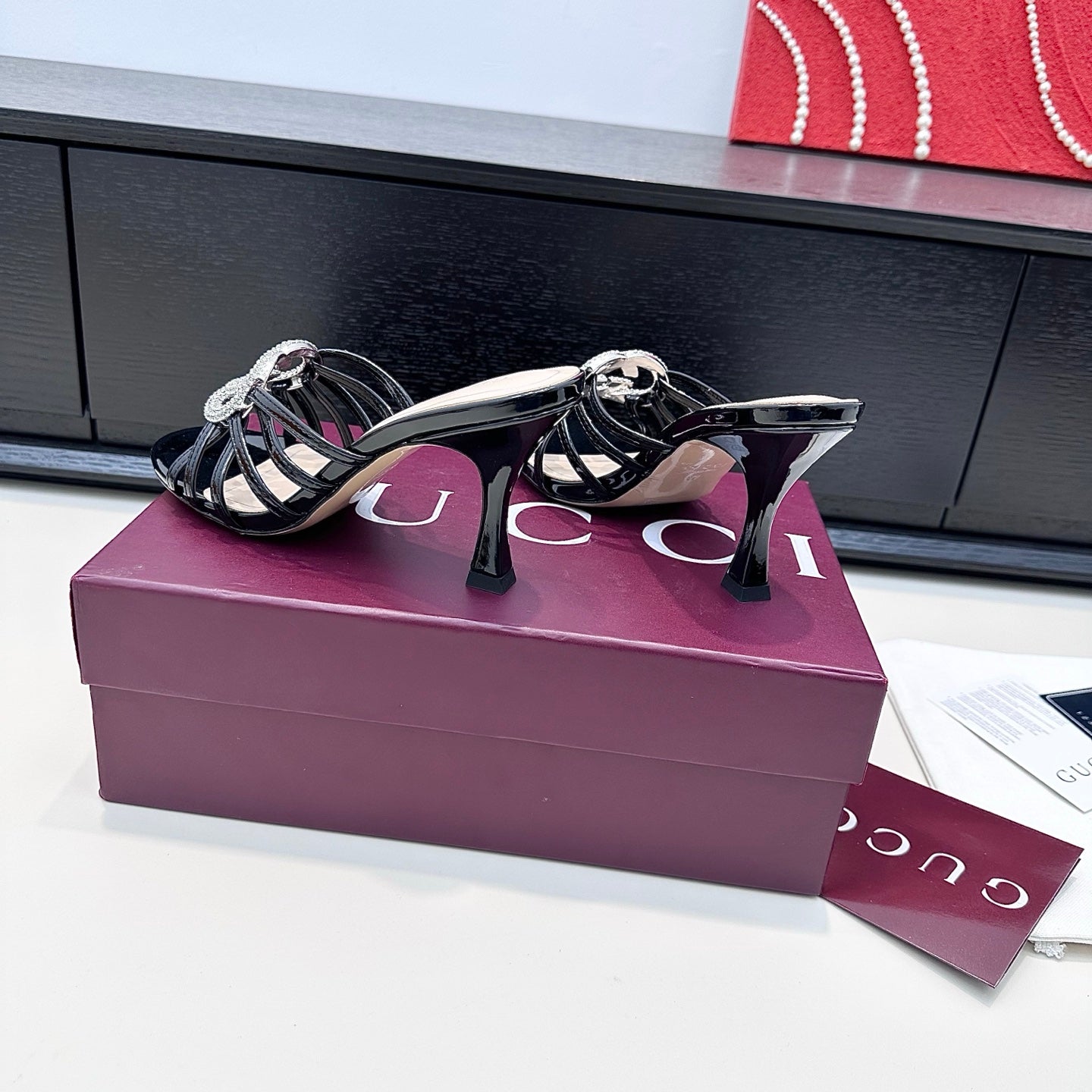 GUCCI 26S HEELED SANDALS 85 MM IN BLACK CALFSKIN WITH CRYSTAL
