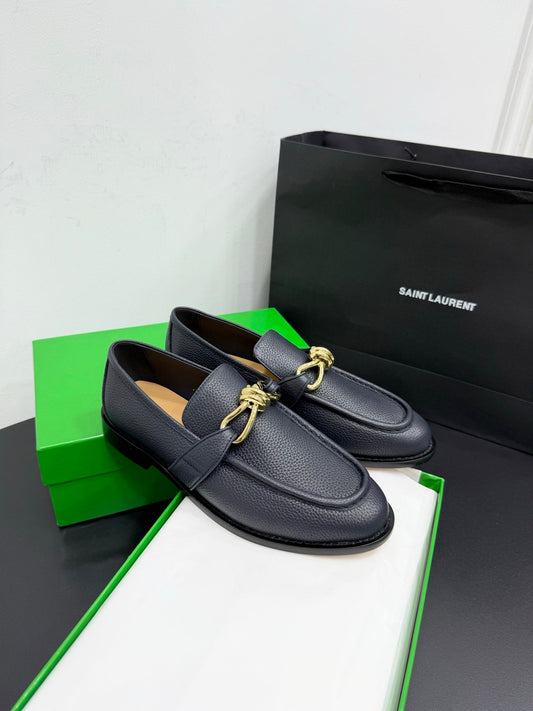 BOTTEGA VENETA 26S LOAFERS IN BLUE GRAY GRAINED CALFSKIN WITH GOLD HARDWARE