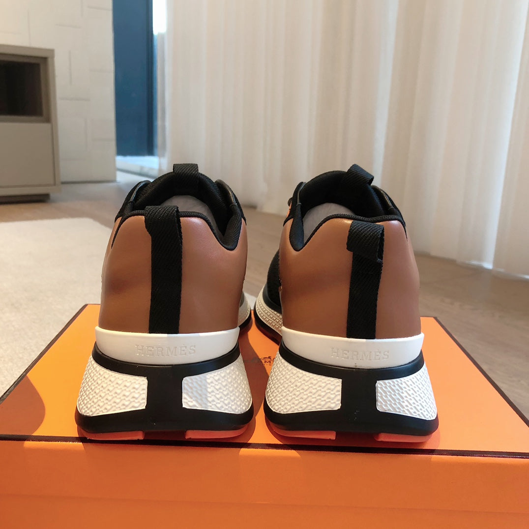 HEROS SNEAKER IN BLACK BREATHABLE MESH FABRIC AND BRONZE BROWN CALFSKIN