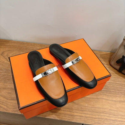 HM 26S KELLY MULE IN CARAMEL BROWN AND BLACK CALFSKIN GOLD HARDWARE
