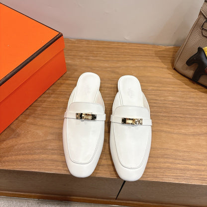 HM 26S KELLY MULE IN WHITE CALFSKIN GOLD HARDWARE