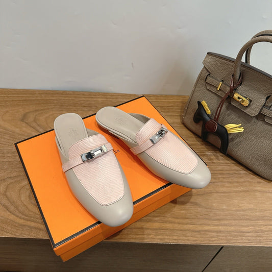 HM 26S OZ MULE IN BEIGE CALFSKIN & LIGHT PINK LIZARD GOLD HARDWARE