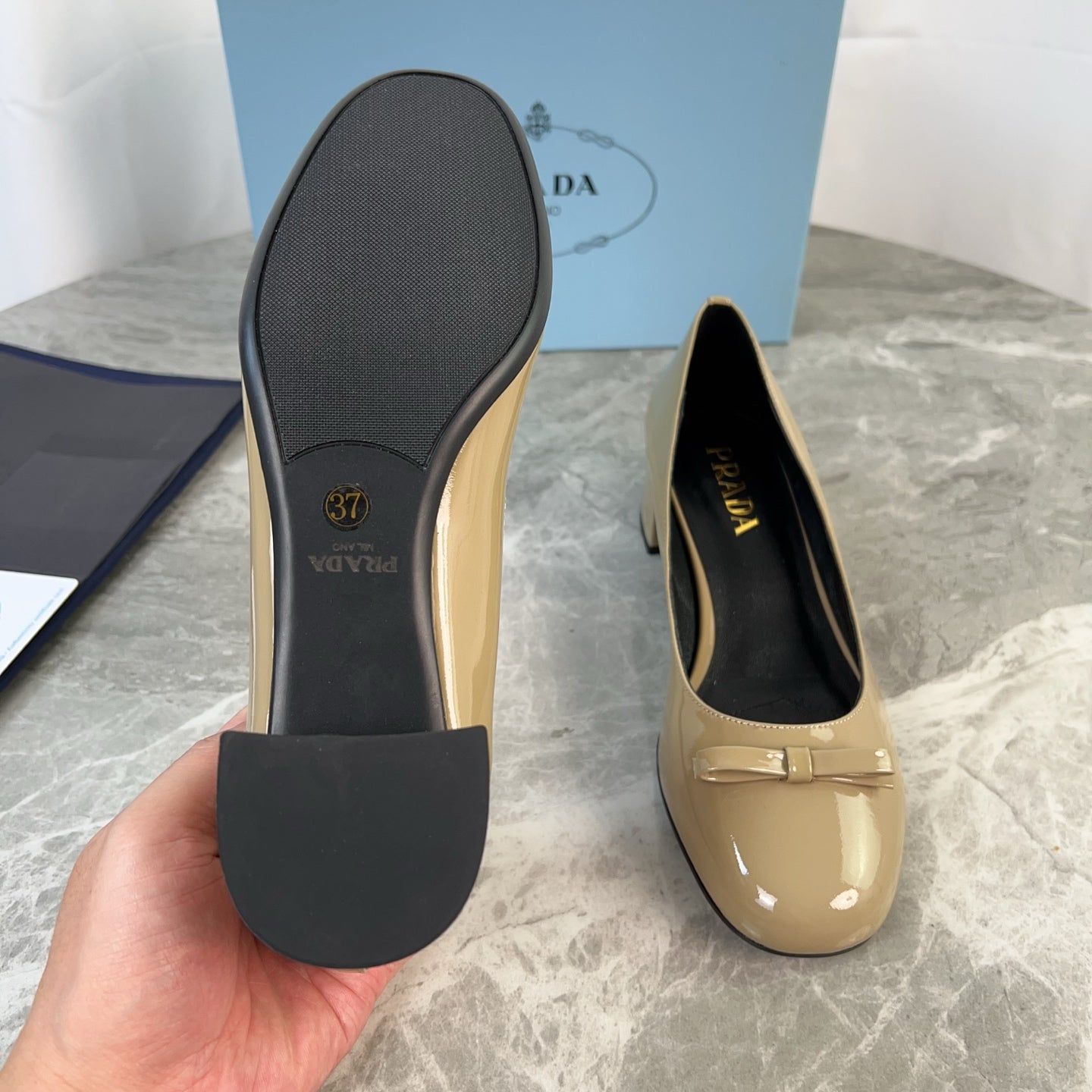 PRADA 25S LOW HEELS SLIP ON BOW 45MM IN GOLDEN BEIGE GLOSSY CALFSKIN