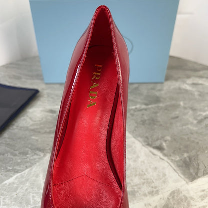 PRADA 25S LOW HEELS SLIP ON BOW 45MM IN DARK WINE RED GLOSSY CALFSKIN