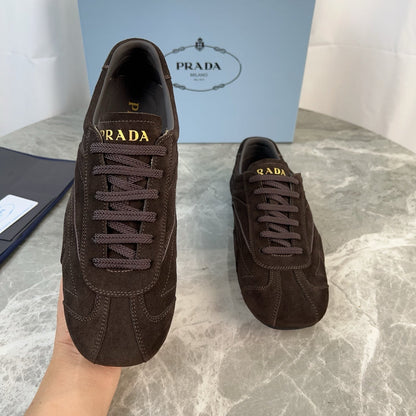 PRADA 25S MONTECARLO ANTIQUED SNEAKERS IN DARK BROWN SUEDE