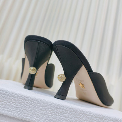 DIOR EMBELLISHED HIGH HEEL SLIDES 25S IN BLACK SATIN