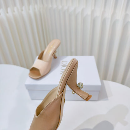 DIOR EMBELLISHED HIGH HEEL SLIDES 25S IN LIGHT BEIGE SATIN