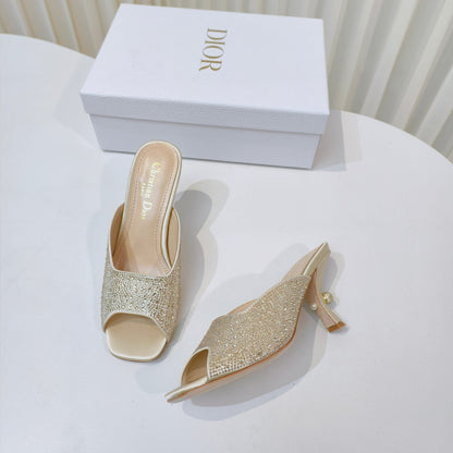 DIOR EMBELLISHED HIGH HEEL SLIDES 25S IN LIGHT BEIGE SATIN AND CALFSKIN