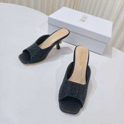 DIOR EMBELLISHED HIGH HEEL SLIDES 25S IN BLACK SATIN AND CALFSKIN