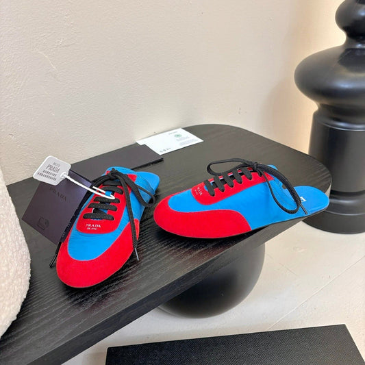 SNEAKER MULES IN BLUE NYLON AND RED SUEDE