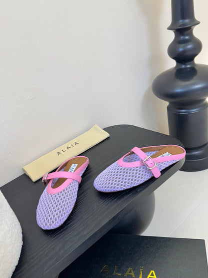 ALAIA FLAT MULES 25S IN PURPLE MIX PINK WOVEN MESH